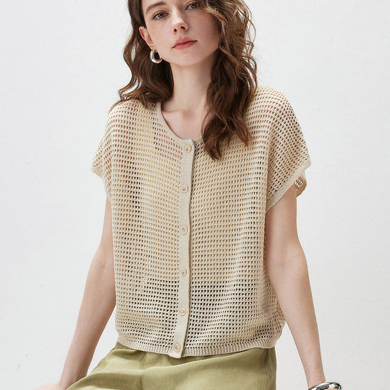 COMOBOCA Women's Openwork Mesh Knit Button Front Top