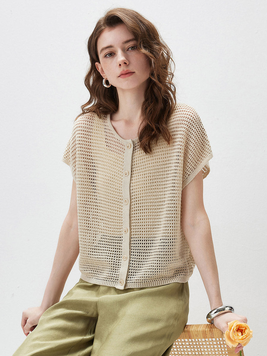 COMOBOCA Women's Openwork Mesh Knit Button Front Top