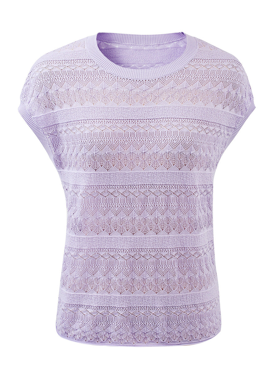 COMOBOCA Women's Openwork Striped Sleeveless Knit T-Shirt