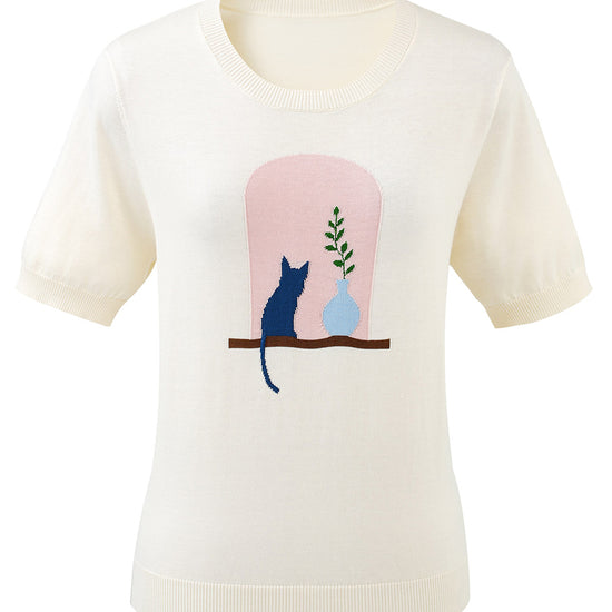 COMOBOCA Women's Ribbed Intarsia Knit T-Shirt