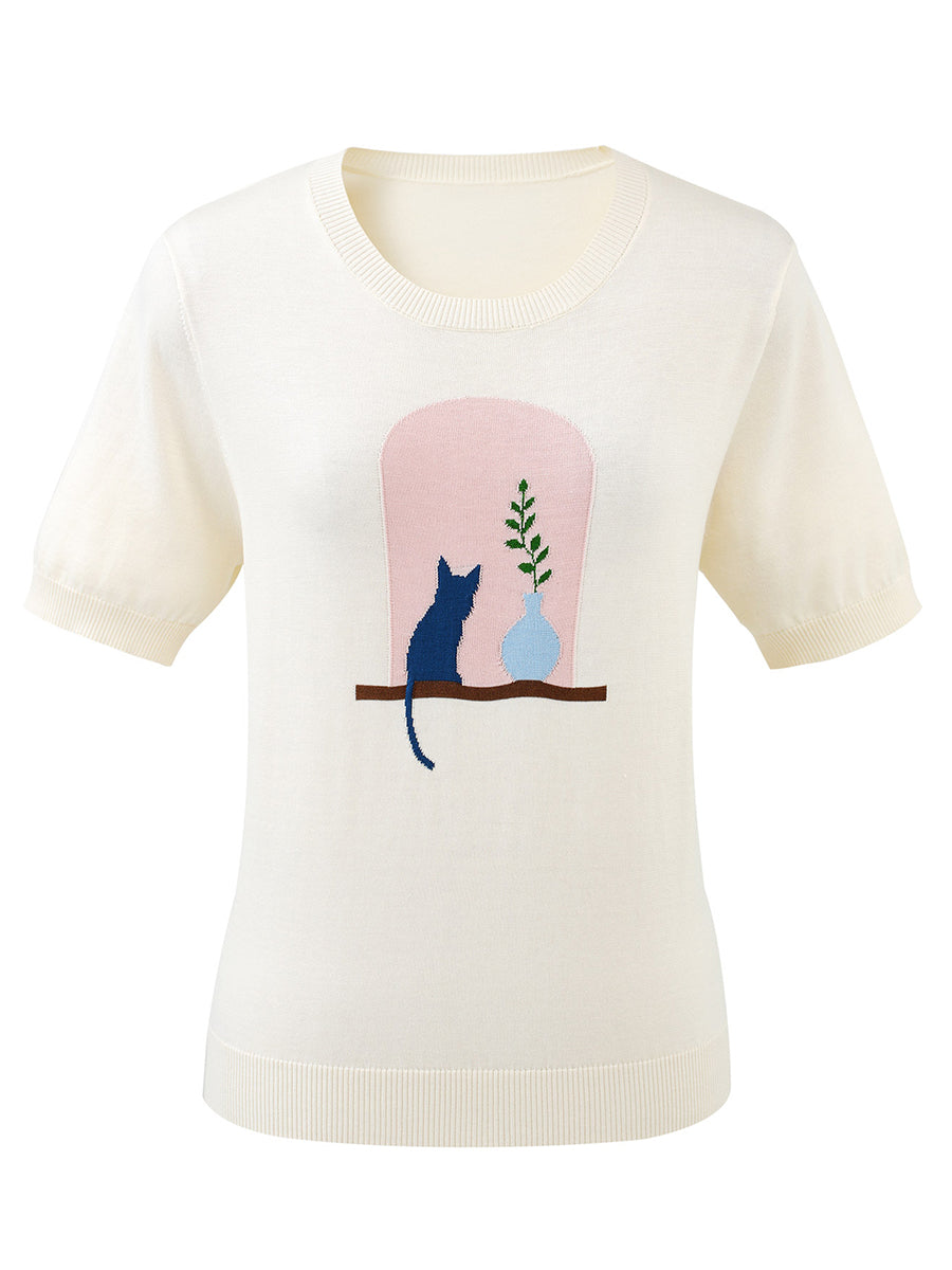 COMOBOCA Women's Ribbed Intarsia Knit T-Shirt