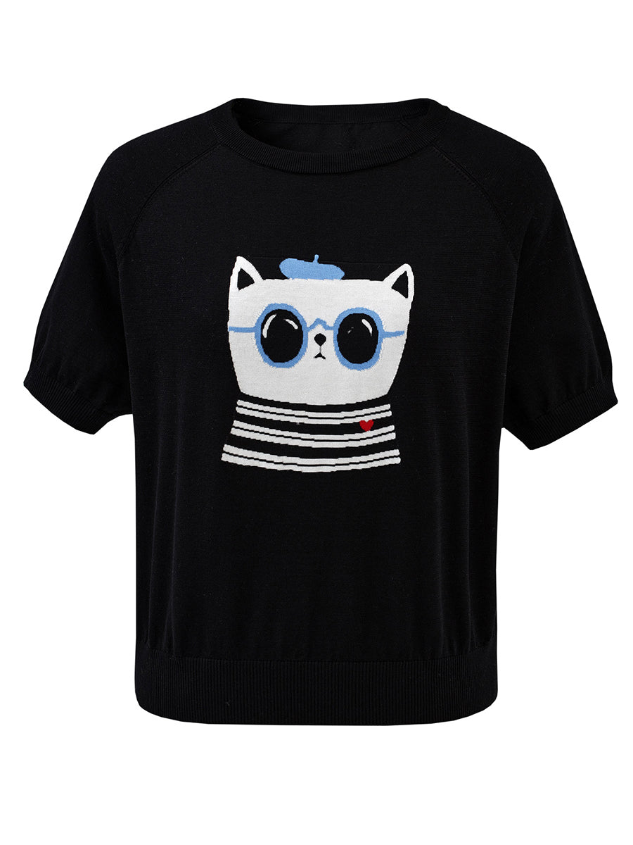 COMOBOCA Women's Cartoon Animal Intarsia Knit T-Shirt