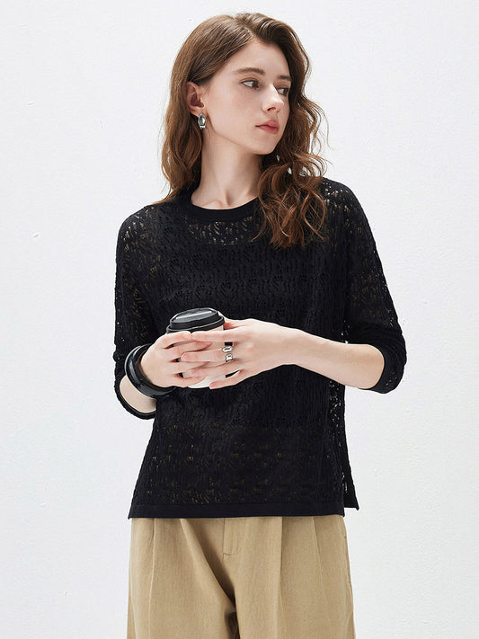 COMOBOCA Black Women's Openwork Round Neck Knit Sweater