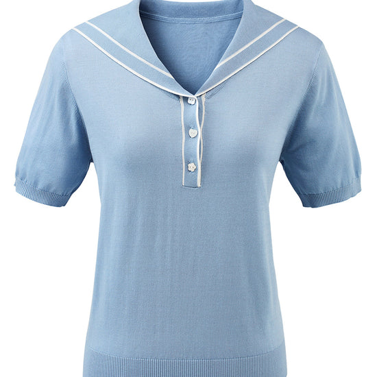 COMOBOCA Women's Sailor Collar Contrast Trim Knit Polo T-Shirt
