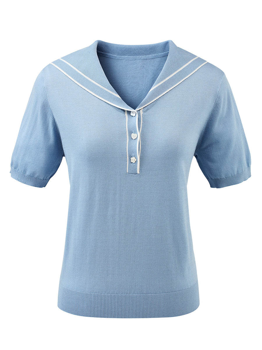 COMOBOCA Women's Sailor Collar Contrast Trim Knit Polo T-Shirt