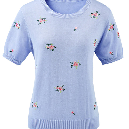 COMOBOCA Women's Floral Embroidery Knit T-Shirt