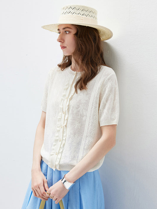 Women’s Round Neck Solid Color Linen Knit Cardigan with Single Button
