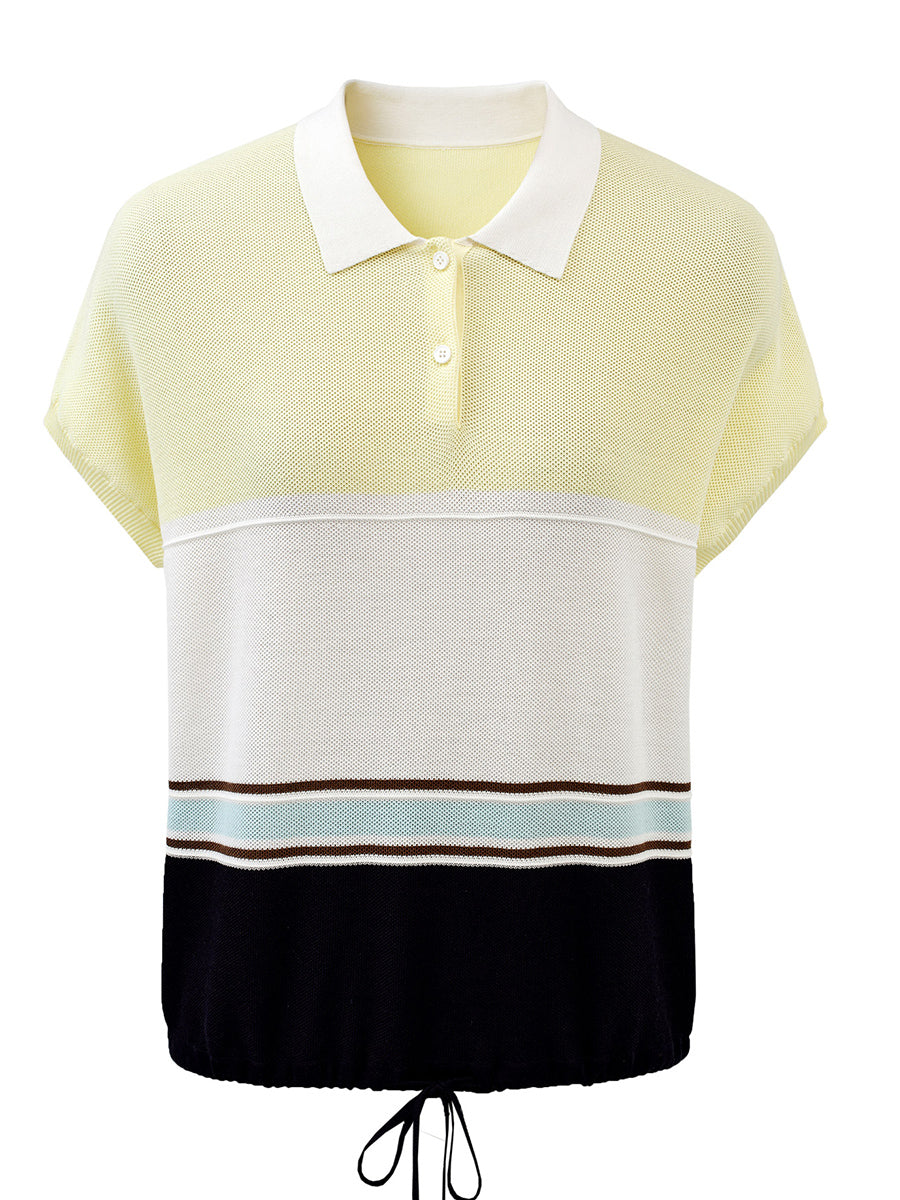 COMOBOCA Women's Color Block Striped Polo Knit T-Shirt