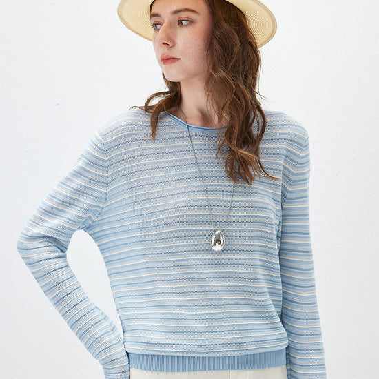COMOBOCA Women's Striped Mesh Knit Round Neck Sweater