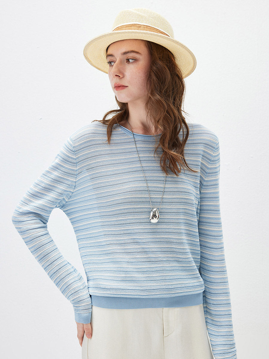 COMOBOCA Women's Striped Mesh Knit Round Neck Sweater