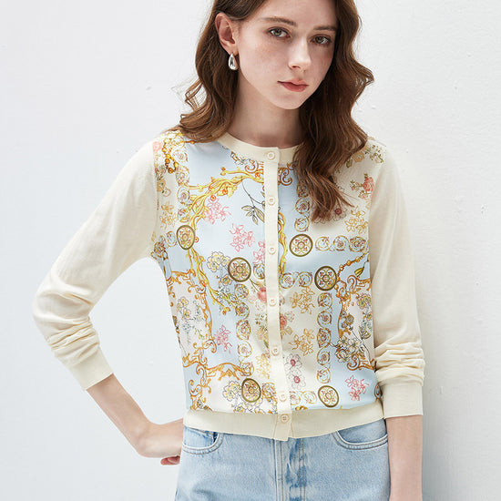 COMOBOCA Women's Printed Panel Knit Cardigan