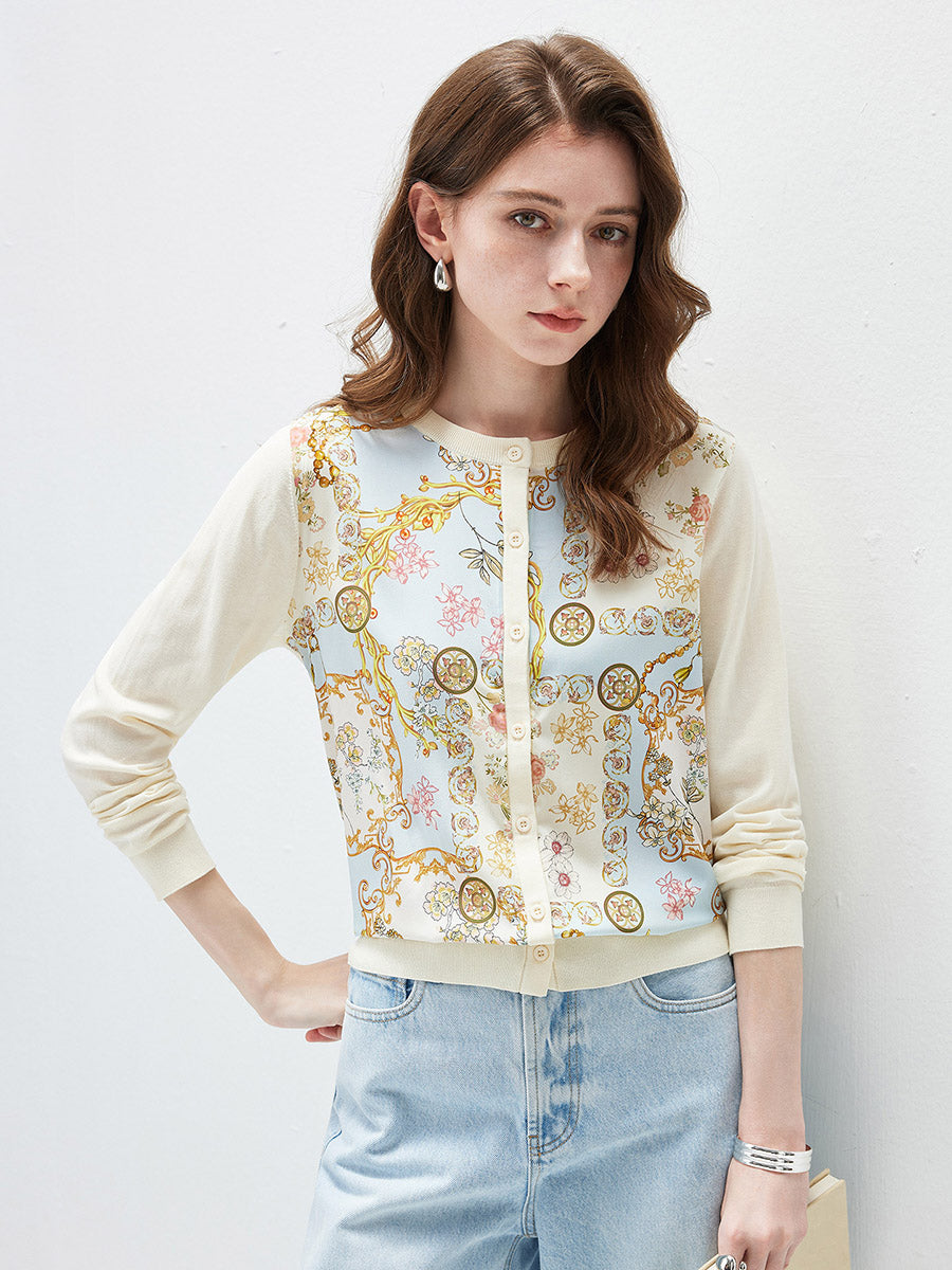 COMOBOCA Women's Printed Panel Knit Cardigan