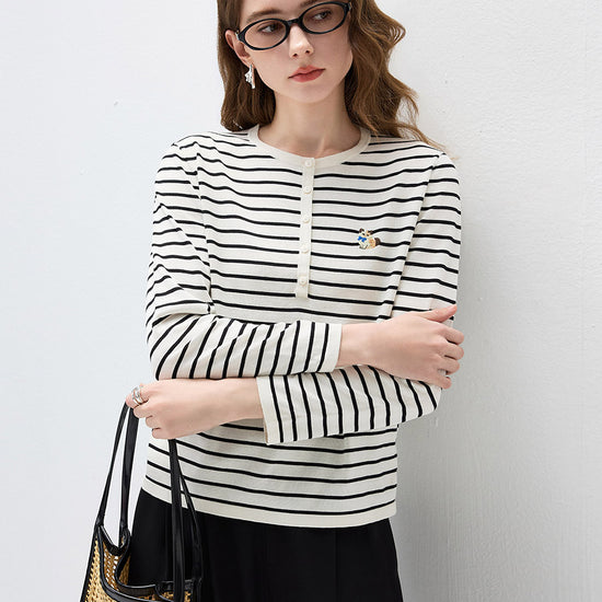 COMOBOCA Women's Striped Henley Button Knit Sweater