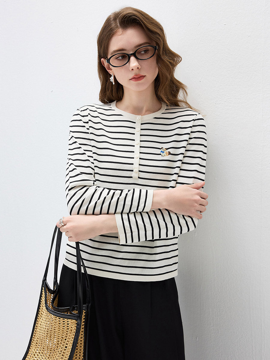 COMOBOCA Women's Striped Henley Button Knit Sweater