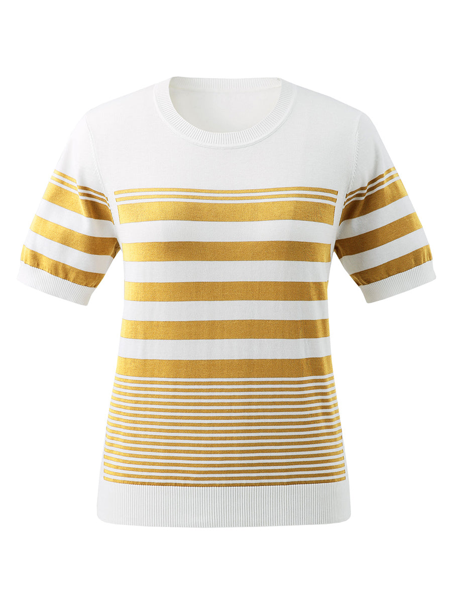 COMOBOCA Women's Contrast Stripe Knit T-Shirt