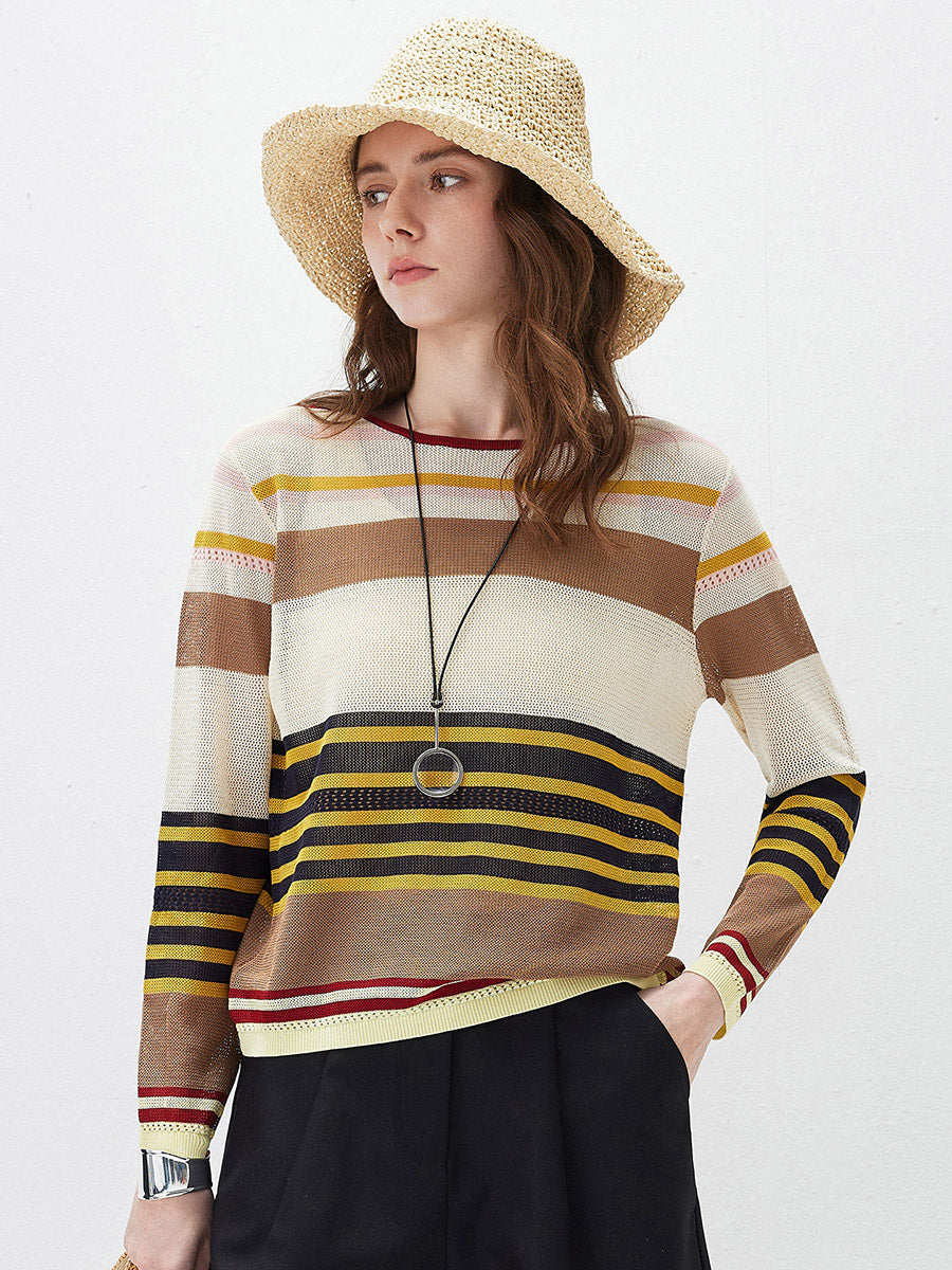 COMOBOCA Striped Women's Multi Striped Mesh Knit Round Neck Sweater