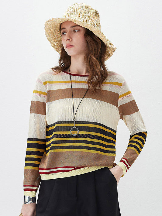 COMOBOCA Striped Women's Multi Striped Mesh Knit Round Neck Sweater