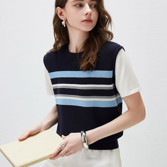 COMOBOCA Women's Striped Layered Knit T-Shirt