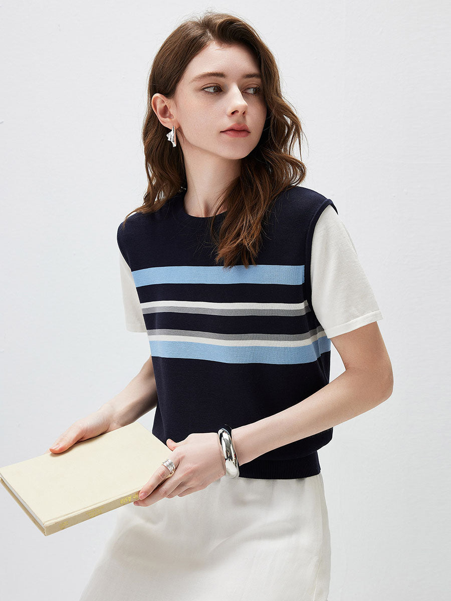 COMOBOCA Women's Striped Layered Knit T-Shirt