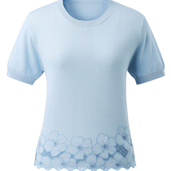 COMOBOCA Women's Floral Lace Trim Knit T-Shirt