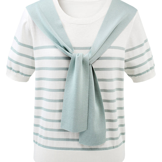 COMOBOCA Women's Striped Knit T-Shirt with Attached Shawl