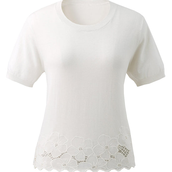 COMOBOCA Women's Floral Lace Trim Knit T-Shirt