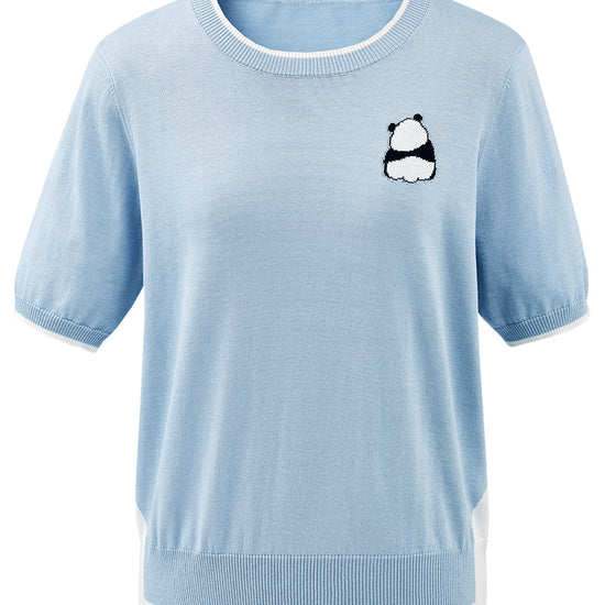 COMOBOCA Women's Panda Motif Contrast Trim Knit T-Shirt