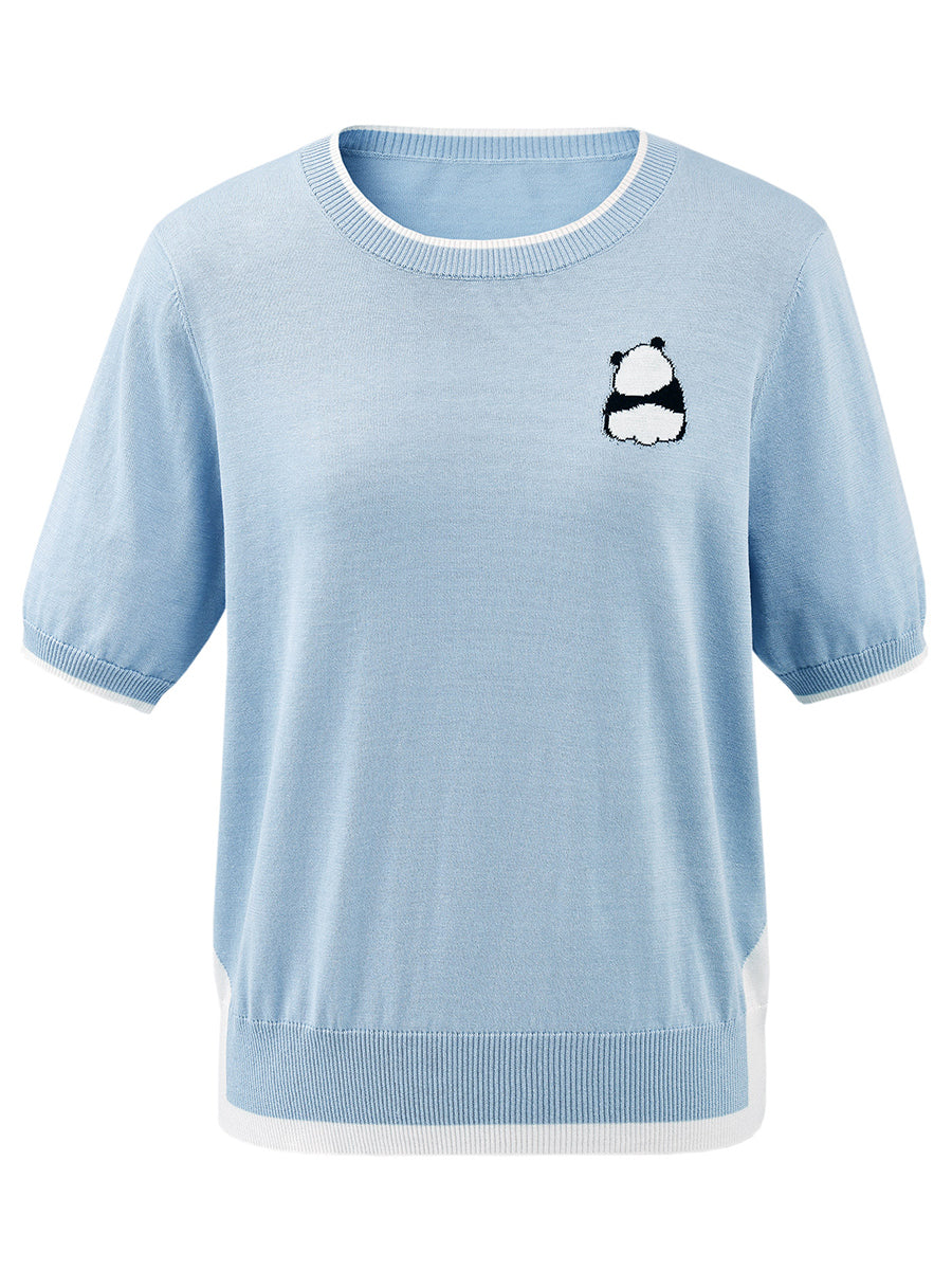 COMOBOCA Women's Panda Motif Contrast Trim Knit T-Shirt