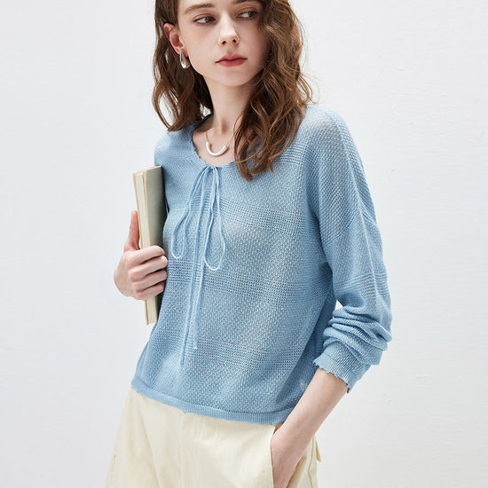 COMOBOCA Women's Tie-Neck Waffle Knit Top