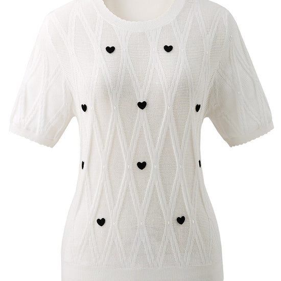 COMOBOCA Women's Heart Appliques Diamond Knit Top