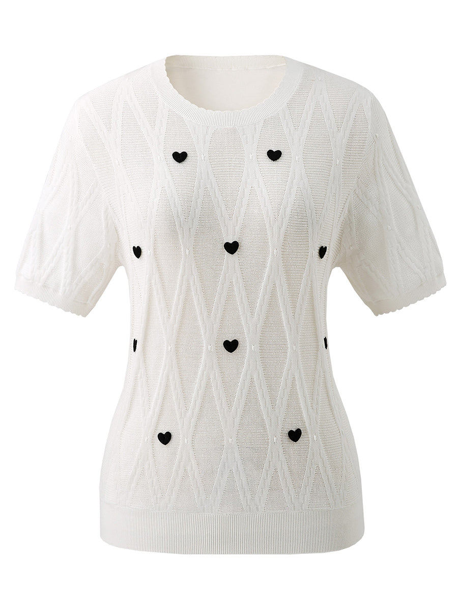 COMOBOCA Women's Heart Appliques Diamond Knit Top