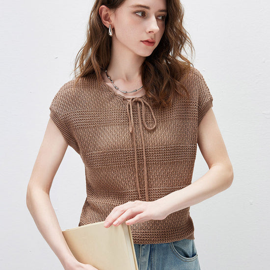 COMOBOCA Brown Women's Tie-Neck Textured Knit Cap Sleeve Top