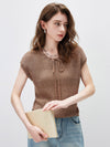 COMOBOCA Brown Women's Tie-Neck Textured Knit Cap Sleeve Top