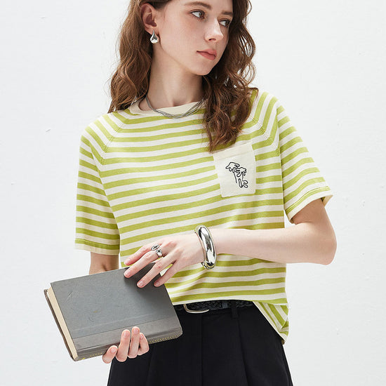 COMOBOCA Bright Green Women's Striped Embroidered Pocket Knit T-Shirt