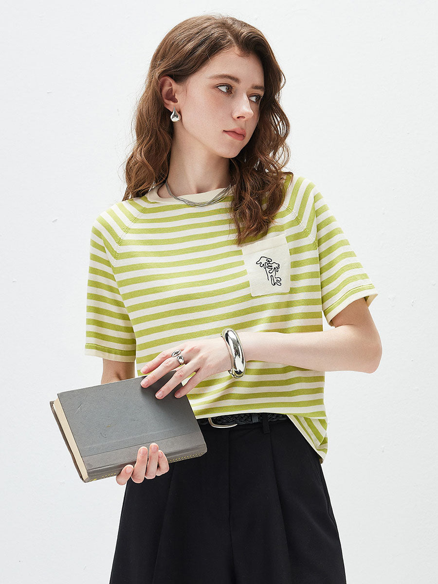 COMOBOCA Bright Green Women's Striped Embroidered Pocket Knit T-Shirt