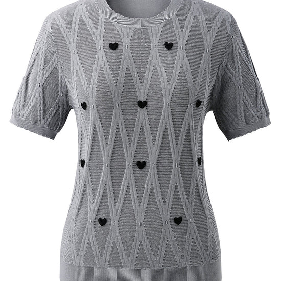 COMOBOCA Women's Heart Appliques Diamond Knit Top
