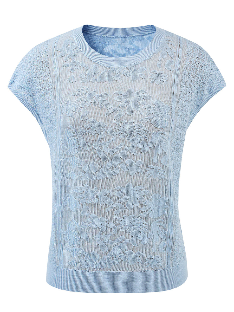 COMOBOCA Women's Semi Sheer Cap Sleeves Knit T-Shirt