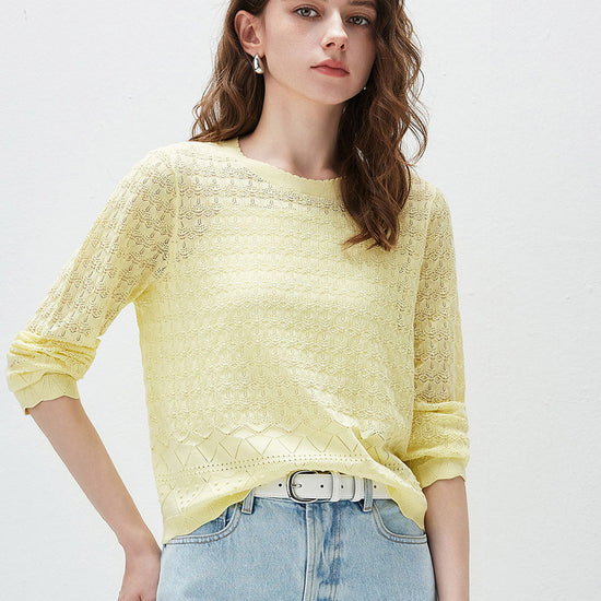COMOBOCA Women's Openwork Round Neck Knit Sweater