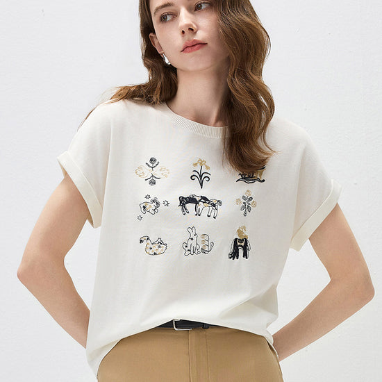 COMOBOCA Cloudy Women's Embroidered Short Sleeve Knit Top