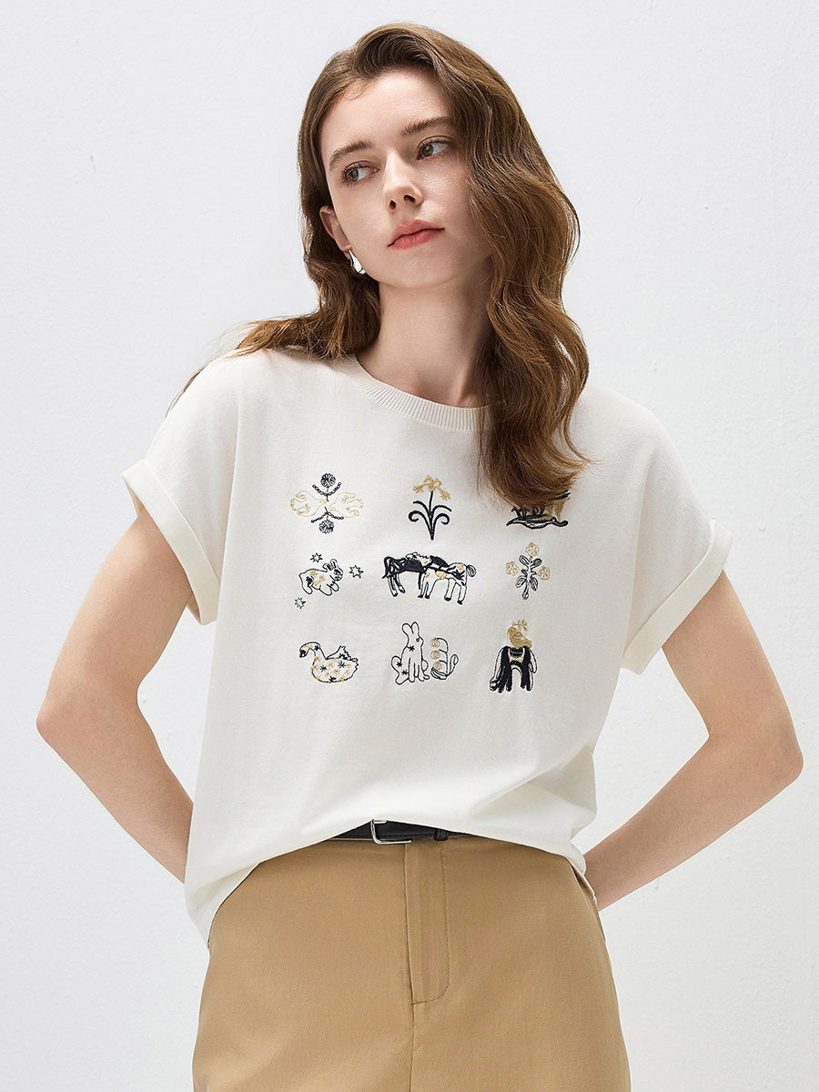 COMOBOCA Cloudy Women's Embroidered Short Sleeve Knit Top