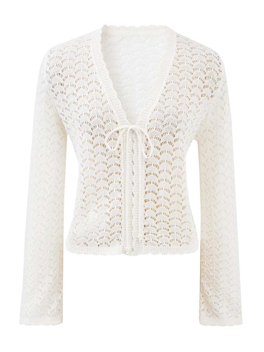 COMOBOCA Women's Linen Lace Knit Tie Front Cardigan