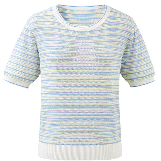 COMOBOCA Women's Pastel Marled Stripe Openwork Knit T-Shirt