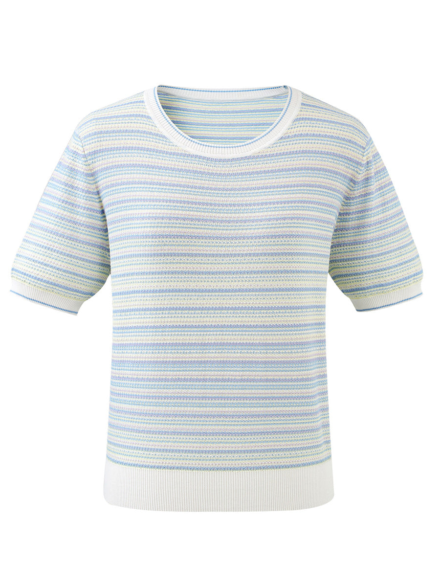 COMOBOCA Women's Pastel Marled Stripe Openwork Knit T-Shirt