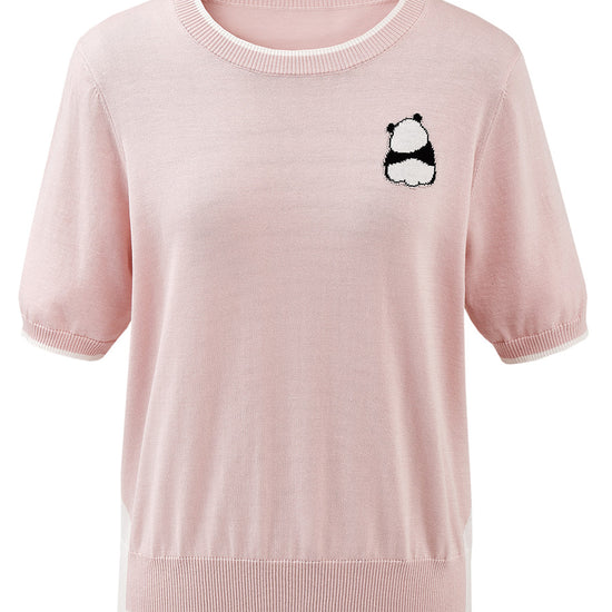 COMOBOCA Women's Panda Motif Contrast Trim Knit T-Shirt