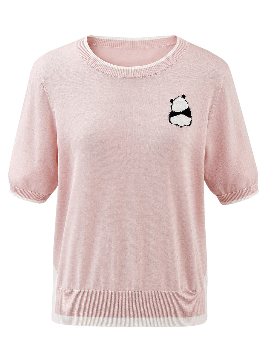 COMOBOCA Women's Panda Motif Contrast Trim Knit T-Shirt