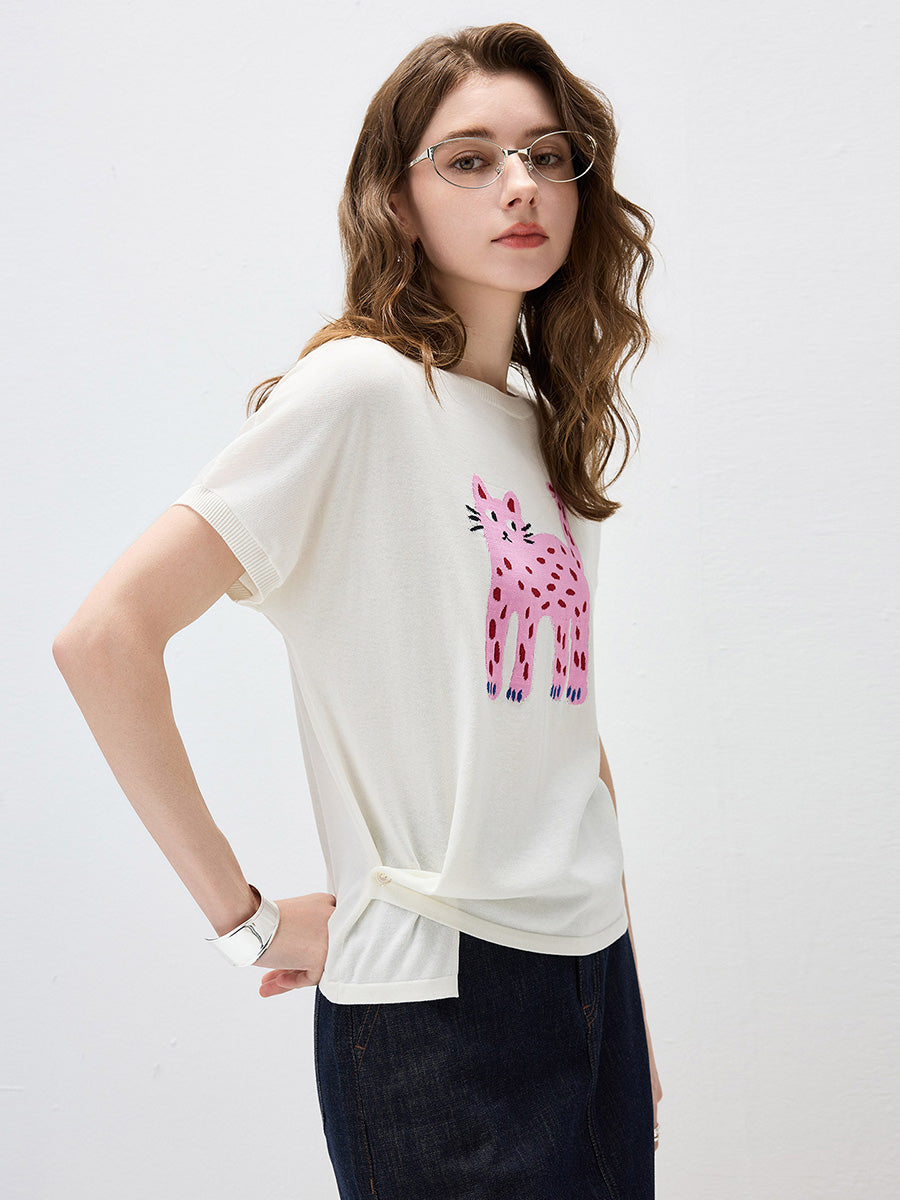 COMOBOCA Women's Leopard Cat Embroidered Knit T-Shirt