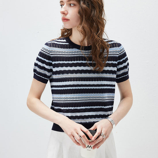COMOBOCA Women's Mixed Stitch Striped Semi Sheer Knit T-Shirt