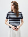 COMOBOCA Women's Mixed Stitch Striped Semi Sheer Knit T-Shirt