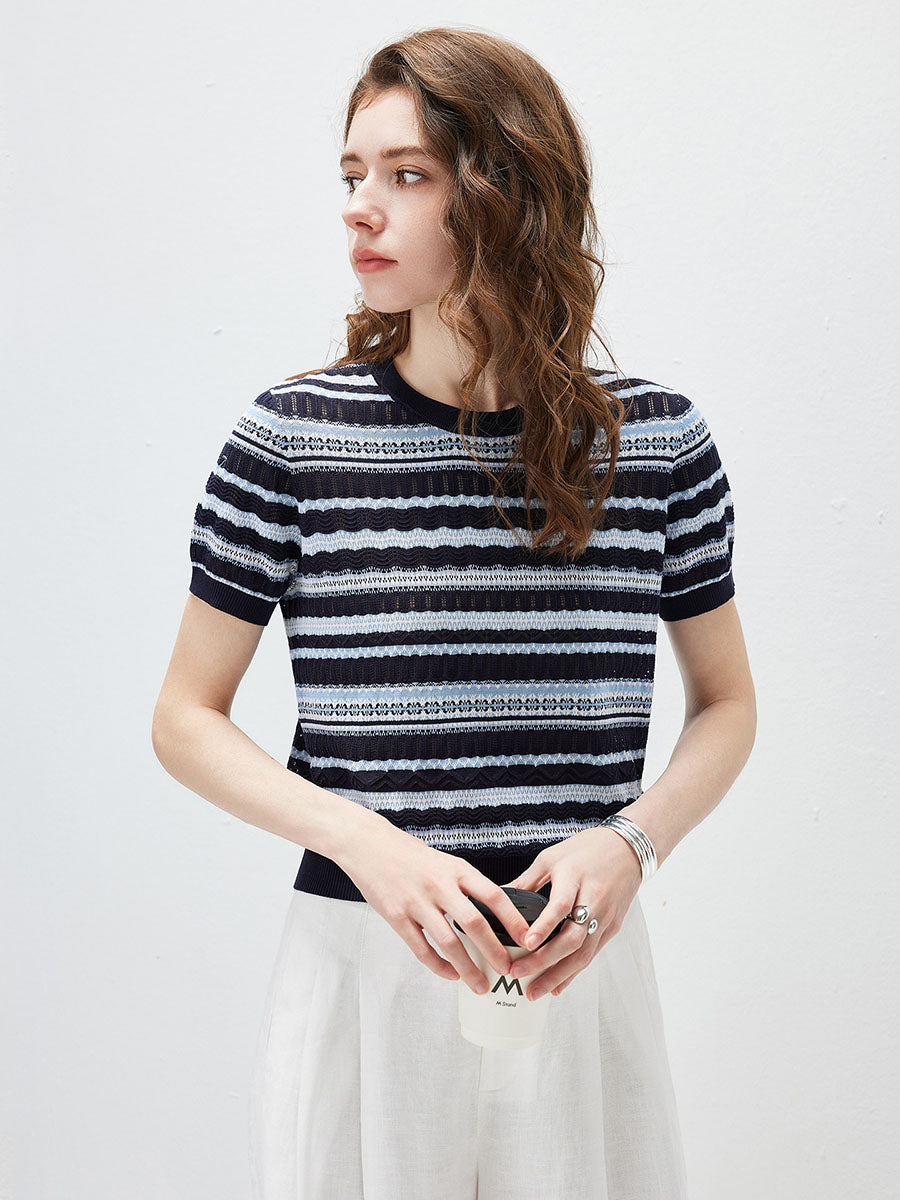 COMOBOCA Women's Mixed Stitch Striped Semi Sheer Knit T-Shirt