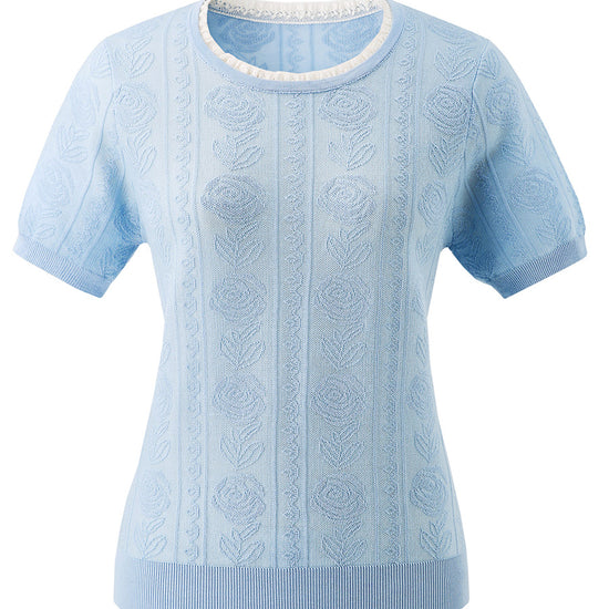 COMOBOCA Women's Jacquard Lace Trim Knit T-Shirt